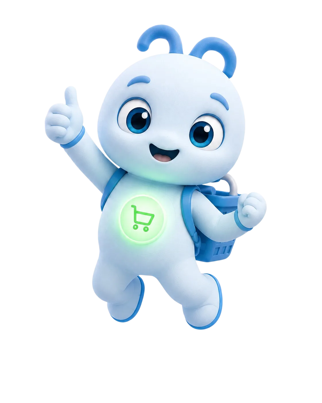 Compi, la mascota de Comprify, una criatura azul con un carrito luminoso en el pecho