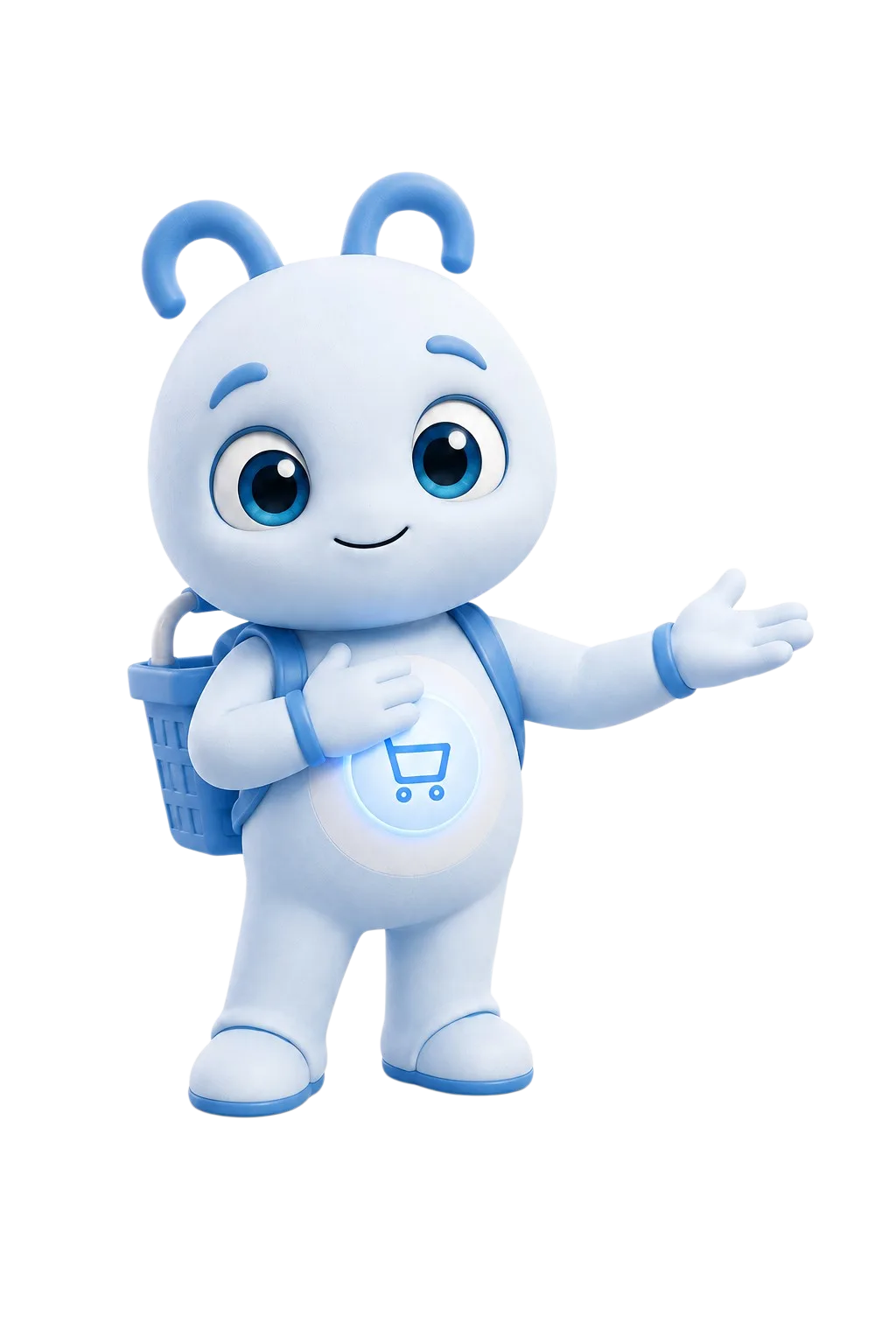 Compi, la mascota de Comprify, una criatura azul con un carrito luminoso en el pecho