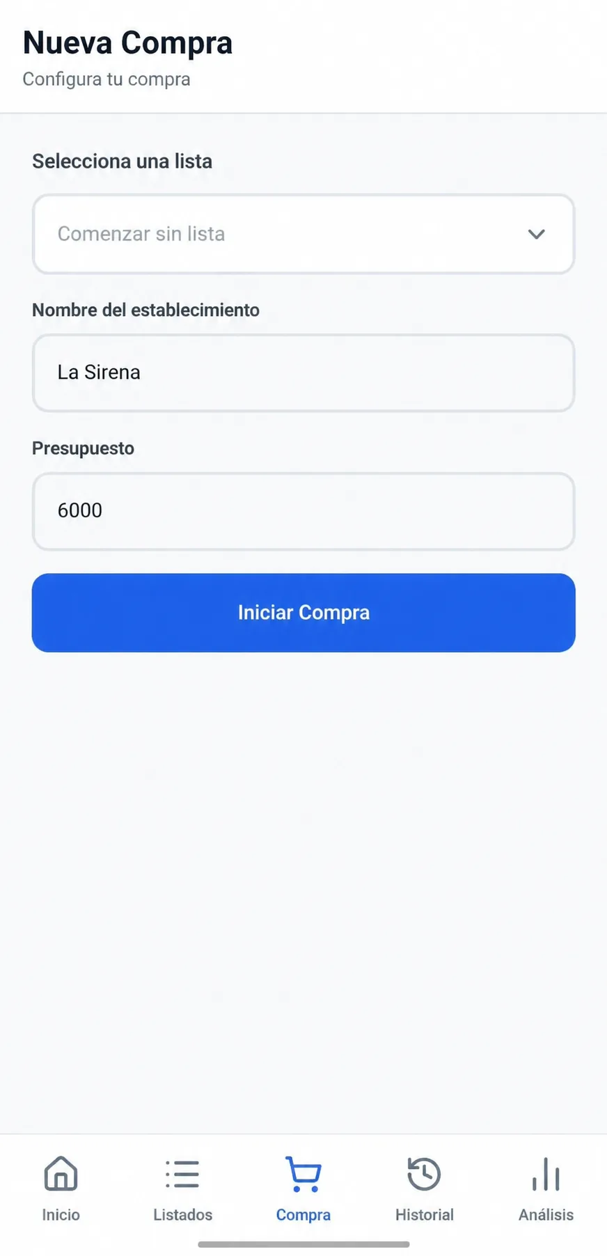 Pantalla de nueva compra en Comprify con lista, establecimiento y presupuesto