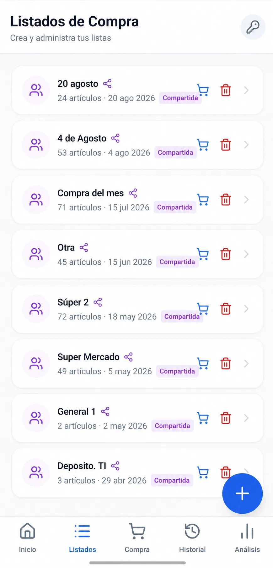 Pantalla de listados de compra de Comprify con varias listas guardadas
