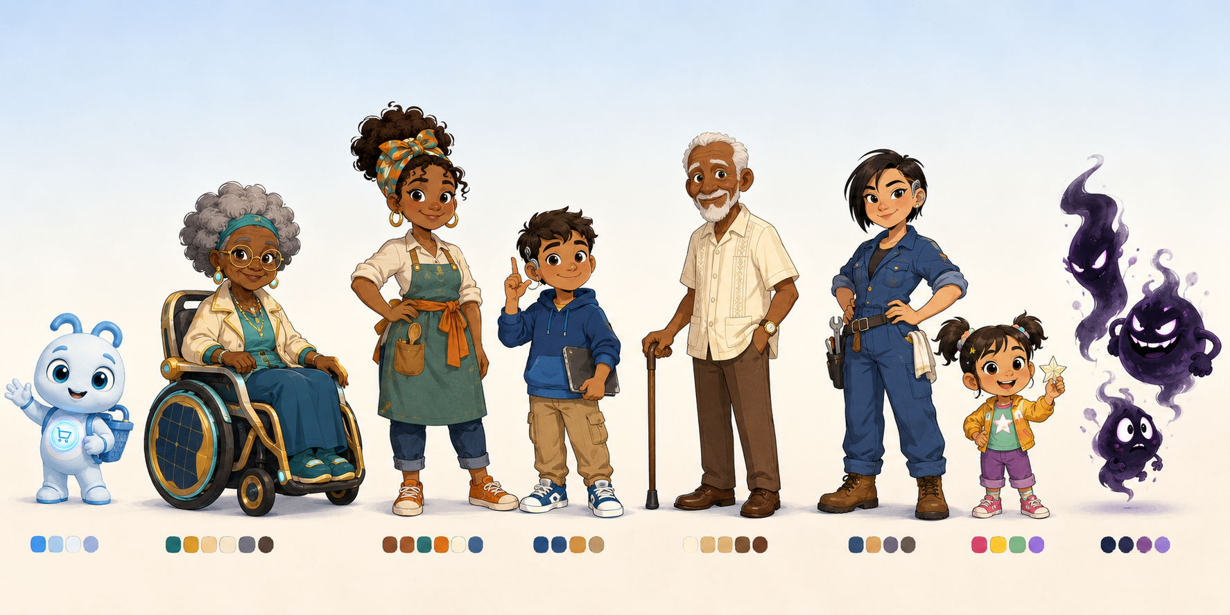 Los personajes de la historia de Compi: Compi, Alma, Maya, Leo, Rafael y Nora